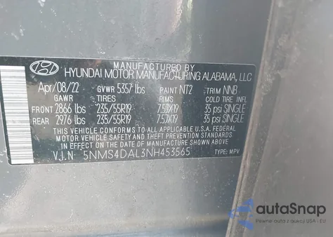 2022 Hyundai Santa Fe Limited z USA, uszkodzony, nr VIN 5NMS4DAL3NH453565